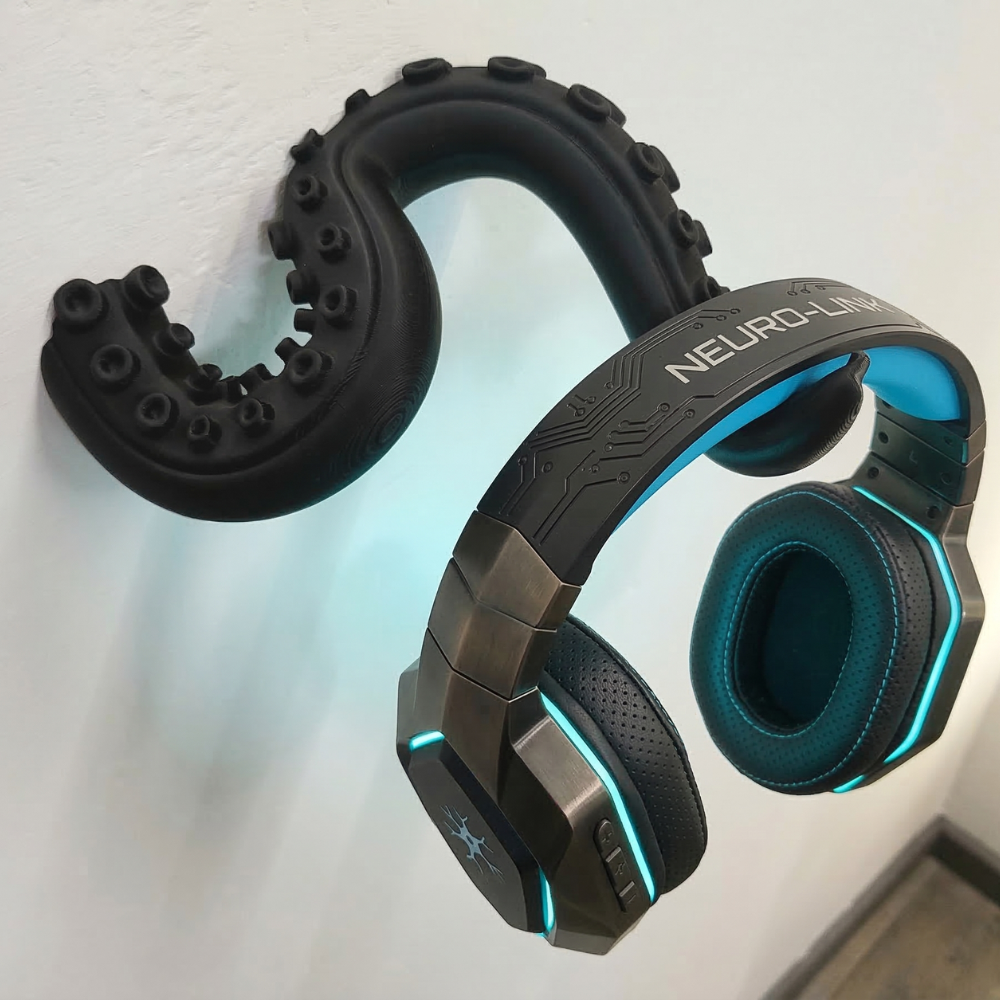 porte casque audio noir en forme de tentacule sur un mur blanc