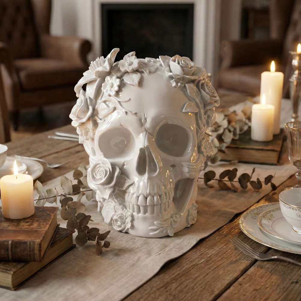 Tête de Mort Florale "Memento" – Objet Déco Design Noir – Image 3