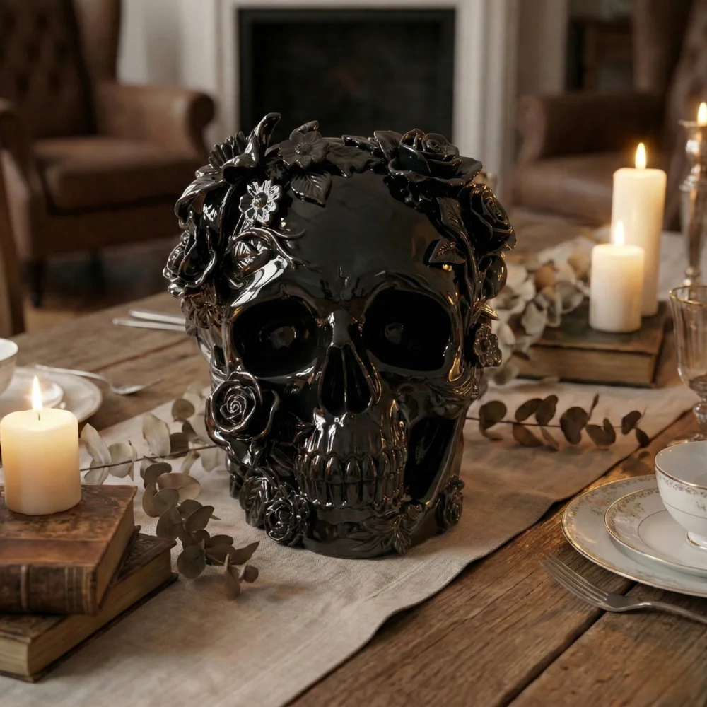 crane noir floral sur une table en bois avec des bougies