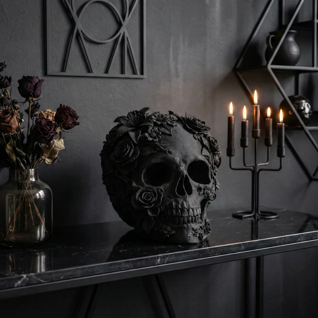 Tête de Mort Florale "Memento" – Objet Déco Design Noir – Image 2
