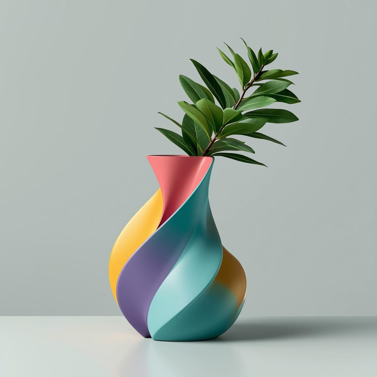 image hyper realiste geometric et colorful d'un vase design courbé avec une plante dedans