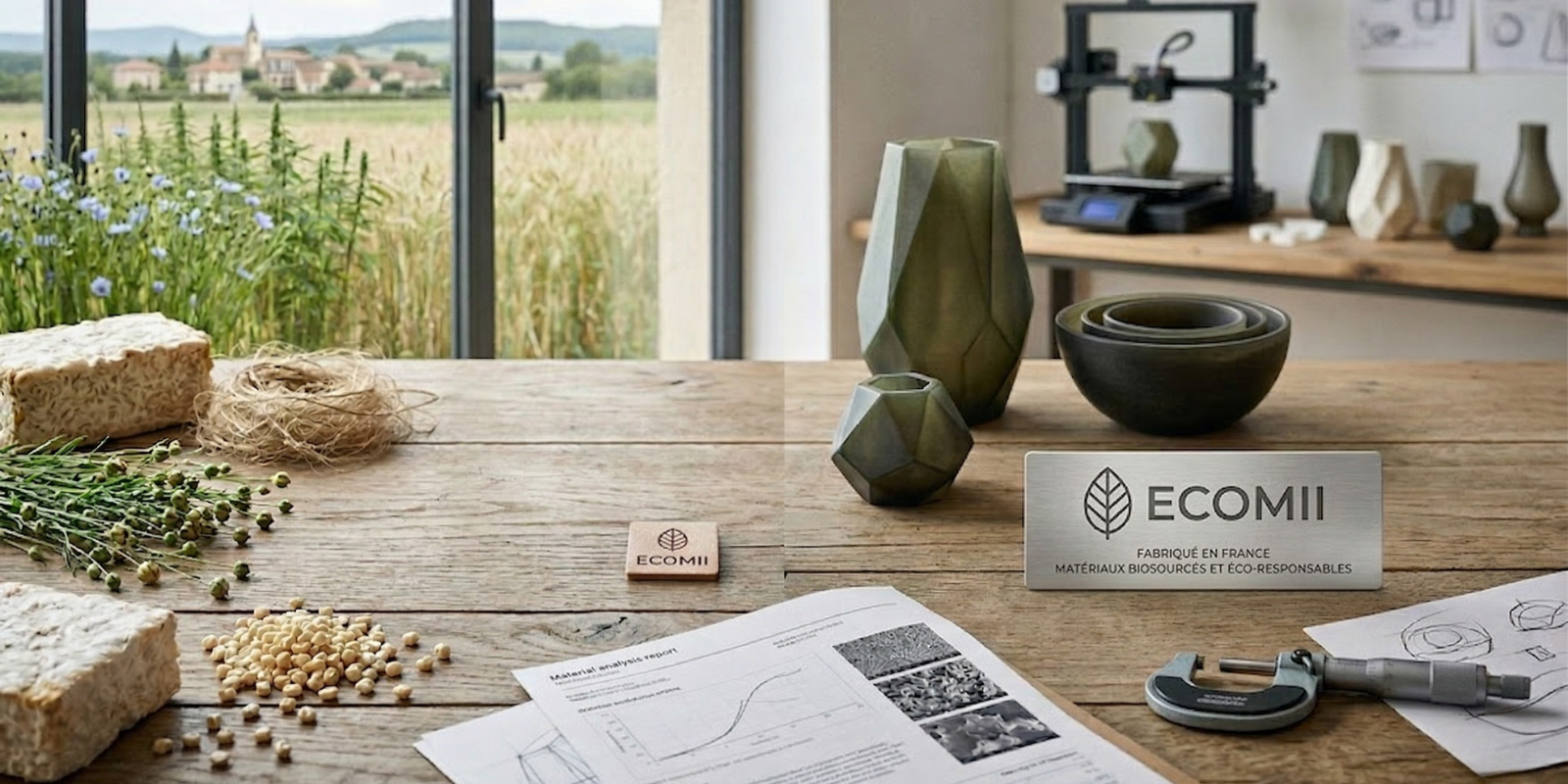 Une vue d'atelier sur un établi en bois montre le processus de fabrication durable. Sur la gauche, des matières premières végétales telles que des fibres de chanvre séchées, des bottes de plantes de chanvre brutes et des blocs composites pressés sont présentées, aux côtés d'un petit bloc de bois gravé du logo "ECOMI". Des documents techniques avec des graphiques d'analyse de matériaux sont au centre. Sur la droite, des produits finis, notamment des vases géométriques en composite biosourcé et un bol empilé, sont disposés avec des esquisses de conception et un micromètre. L'établi fait face à une grande fenêtre donnant sur un paysage rural français avec des champs et une église. Une plaque en métal poli affiche le logo "ECOMI" et le texte "FABRIQUÉ EN FRANCE, MATÉRIAUX BIOSOURCÉS ET ÉCO-RESPONSABLES".