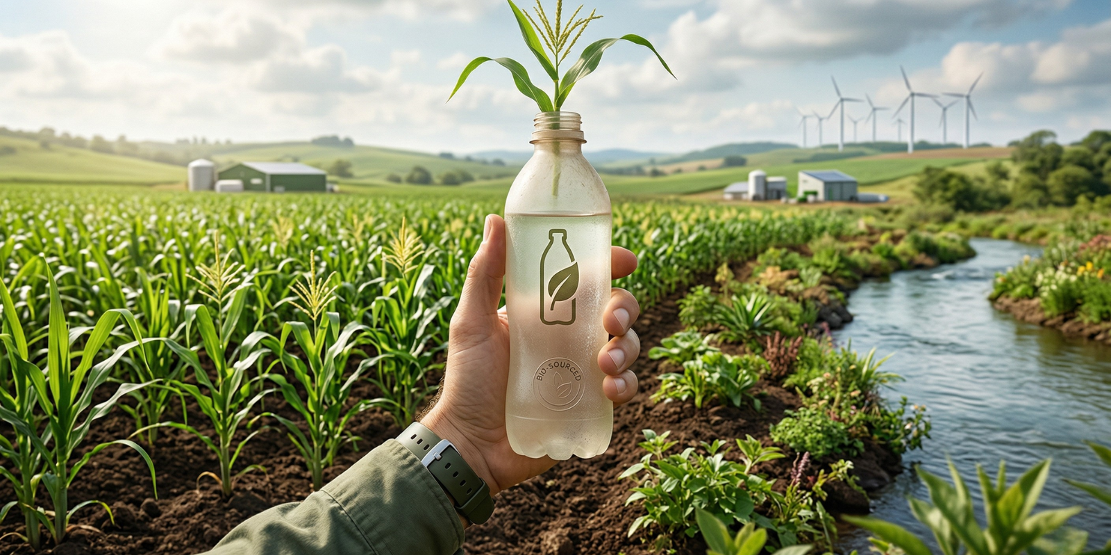 bouteille plastique biosourcé qui fait poussé du maïs dans champ de maïs
