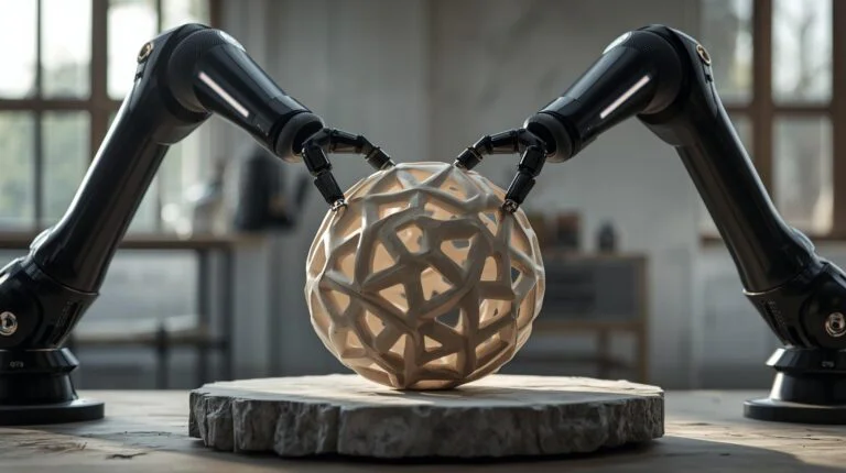 Deux bras robotiques futuristes sculptant un objet déco design original à la géométrie complexe et alvéolaire, dans un atelier d'artisanat digital français Ecomii.