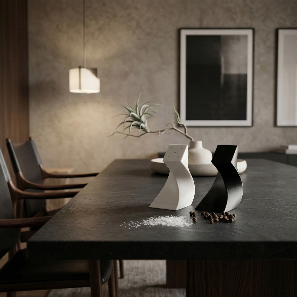 salière et poivrier ecomii sur une table noir en granite