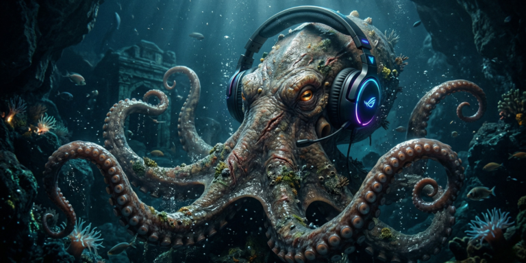 un kraken dans les profondeur de la mer avec un casque audio sur les oreilles